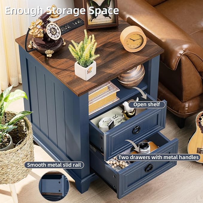 18" Farmhouse Night Stand with Charging Station, 2 Drawers End Table Dresser for Bedroom, Blue Wooden Nightstand, Bed Side Table with Open Shelf, Bedside Cabinet for Living Room, Closet-HomvellaHome