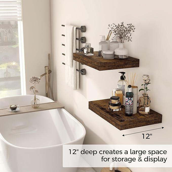 12 Inch Deep Floating Shelves, 16 x 12 Floating Shelf for Books, Rustic Wood Deep Wall Shelves for Home Storage & Display, 2" Thicked Shelves for Kitchen, Living Room, Bedroom, Rustic Brown, 2 Pack-HomvellaHome