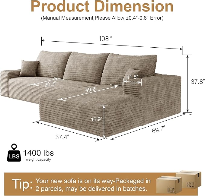 108" Sectional Couches for Living Room Modern Modular Sofa with L-Shape Couchs Upholstered Boneless Couch Deep Seat Sectional Couch with Chaise (Camel, Right Facing Chaise+2Seaters)-HomvellaHome