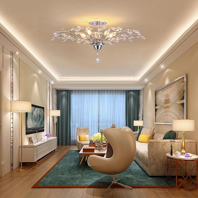 Ganeed Frozen Crystal Branch Close to Ceiling Light Chrome Silvery Vintage Chandelier with 5-Light Heads, Modern K9 Crystal Chandelier for Dining Room Living Room Bedroom Kitchen Over Table-HomvellaHome