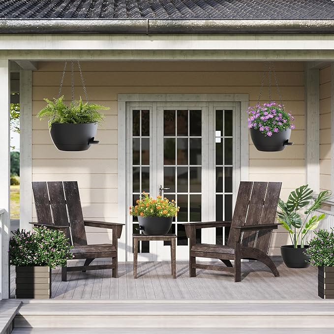 12 Inch Hanging Baskets 2 PC with Chains, Self-Watering Hanging Planters for Indoor Outdoor Plants, Plastic Hanging Flower Pots,Black-HomvellaHome