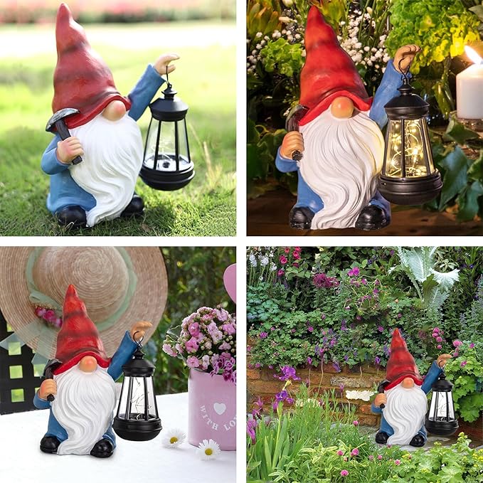 Garden Gnome Statue Solar Light Outdoor Decorations Figurine with Lantern Led Shovel Sculpture Lawn Patio Yard Porch Outside Christmas Housewarming Gifts for Women Mother's Day Grandma-HomvellaHome