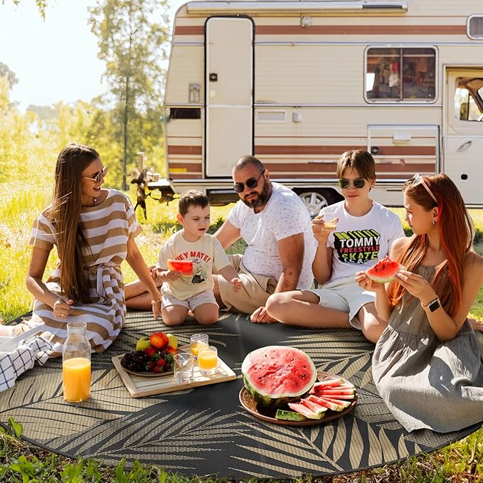 GENIMO Outdoor Rug 8' Round Waterproof for Patios Clearance, Reversible Outdoor Plastic Straw Camping Rug Carpet, Large Area Rugs Mats for RV, Camper, Deck, Balcony, Porch, Beach, Picnic, Black&Brown-HomvellaHome