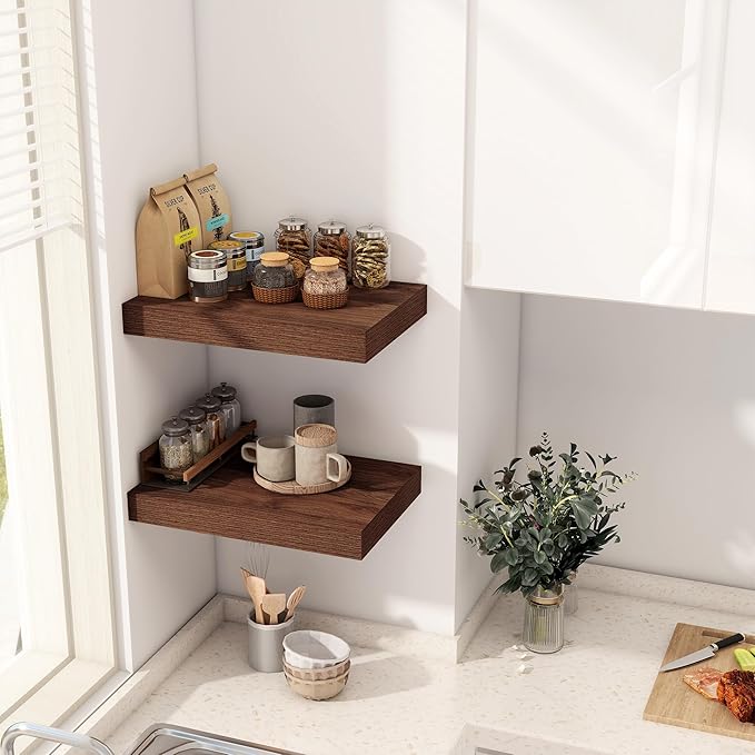 12 Inch Deep Floating Shelves, 16 x 12 Floating Shelf for Books, Rustic Wood Deep Wall Shelves for Home Storage & Display, 2" Thicked Shelves for Kitchen, Living Room, Bedroom, Walnut Color, 2 Pack-HomvellaHome