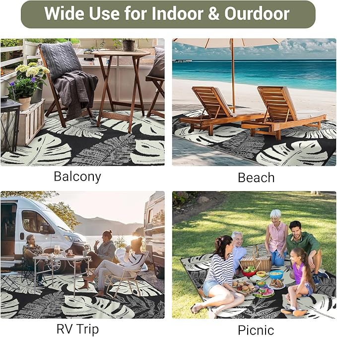 GAOMON Waterproof 8x10 Outdoor Rug Reversible Plastic Straw Rug Modern Patio Carpet, Foldable Lightweight RV Camping Mat with Portable Bag & 4 Stakes, UV Resistant & Sturdy for Picnic, Beige-HomvellaHome