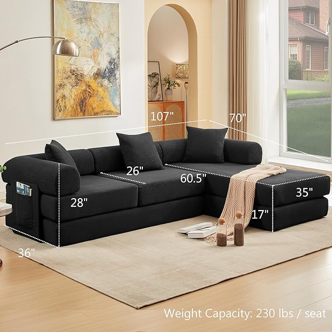 107" Oversized Convertible Sleeper Sofa Bed, Corduroy L Shape Sectional Couch, Folding Sofa Bed with Side Pocket, Modern Cloud Floor Mattress Couch, Modular Sofa for Living Room, Black-HomvellaHome