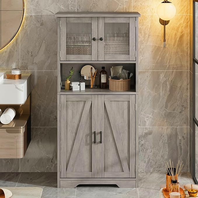 GarveeHome 54in Tall Bathroom Cabinet, Farmhouse Storage Cabinet with Glass Doors and Adjustable Shelves, Freestanding Kitchen Pantry Cabinets, Cupboard for Living Room, Dining Room, Gray-HomvellaHome