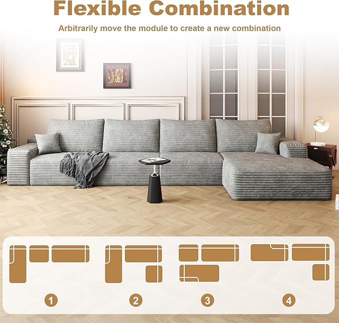 136" Sectional Couches for Living Room Modern Modular Sofa with L-Shape Couchs Upholstered Boneless Couch Deep Seat Sectional Couch with Chaise (Grey, Right Facing Chaise+3Seaters)-HomvellaHome