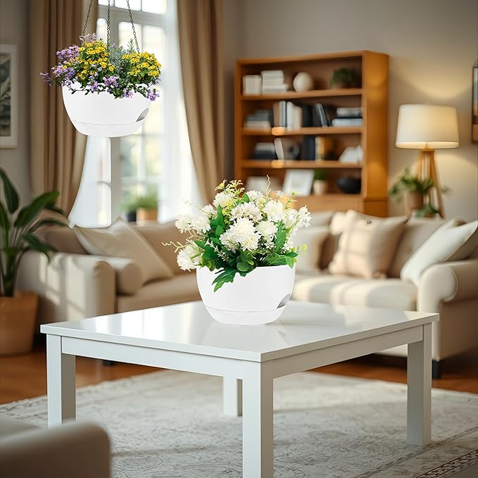 2 Pack 12 Inch Large Hanging Planters with Chains Self Watering White Plastic Hanging Pots for Indoor Outdoor Plants, Garden Porch Home Decor，White-HomvellaHome