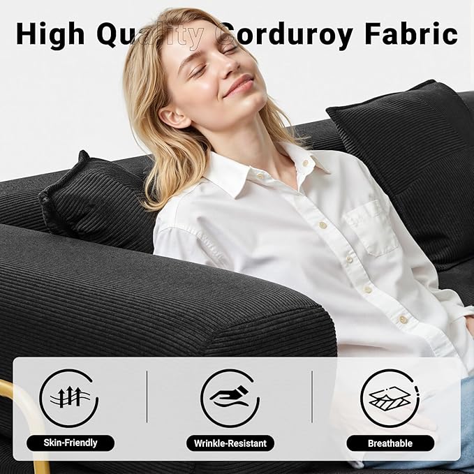 108" Oversized Convertible Sleeper Sofa Bed, Corduroy L Shape Sectional Couch, Folding Sofa Bed with Side Pocket, Modern Cloud Floor Mattress Couch, Modular Sofa for Living Room, Black-HomvellaHome
