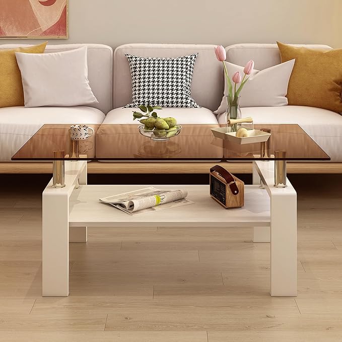 Glass Coffee Table Rectangle Living Room Center Table, with Brown Tempered Glass Tabletop and White MDF Layer,for Living Room and Office, Brown+White-HomvellaHome