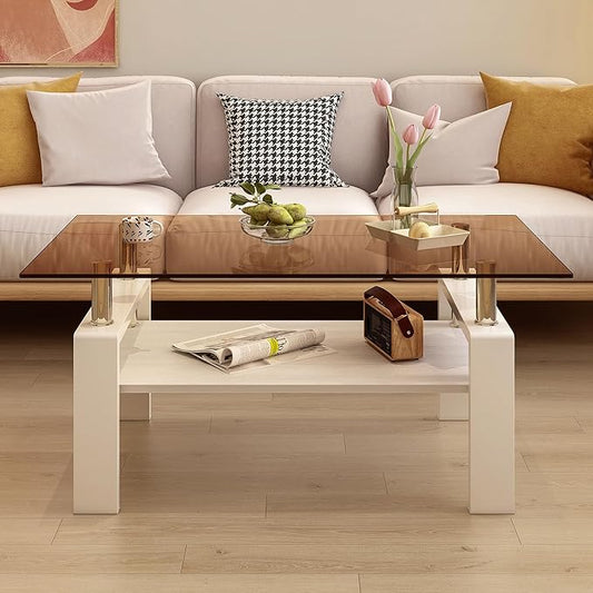Glass Coffee Table Rectangle Living Room Center Table, with Brown Tempered Glass Tabletop and White MDF Layer,for Living Room and Office, Brown+White-HomvellaHome