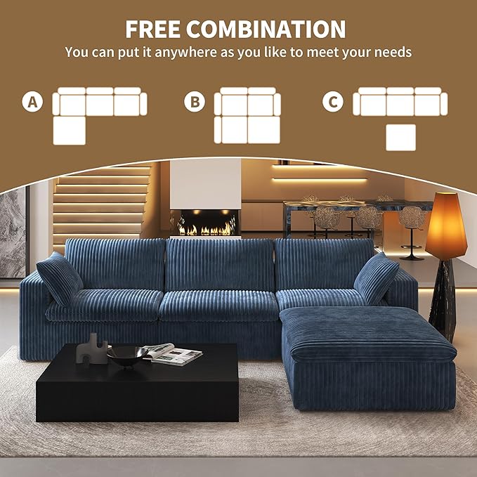 118" L Shaped Modern Sofa Modular Sectional Cloud Couch with Ottoman,Deep Seat Upholstered Couches with Plush Corduroy Fabric for Living Room Furniture,Bedroom and Apartment,No Assembly Required,Blue-HomvellaHome