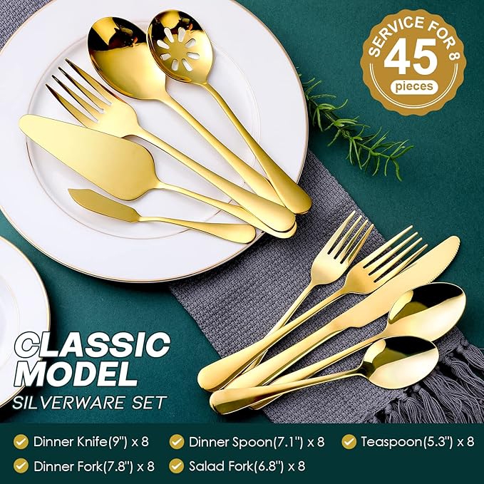 Gold Silverware Set for 8, OGORI 45-Piece Stainless Steel Flatware Set with Serving Set, Mirror Polished Cutlery Set with Serving Utensils Spoon for Kitchen Party Supply-HomvellaHome