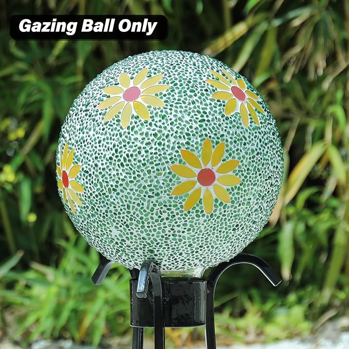 Gazing Ball 8 Inch Flower Glass Mosaic Garden Globe Outdoor Gazing Globe Yard Ornament for Garden Yard Home Lawn Outdoor Decoration Gift for Women (Not Solar Powered)-HomvellaHome