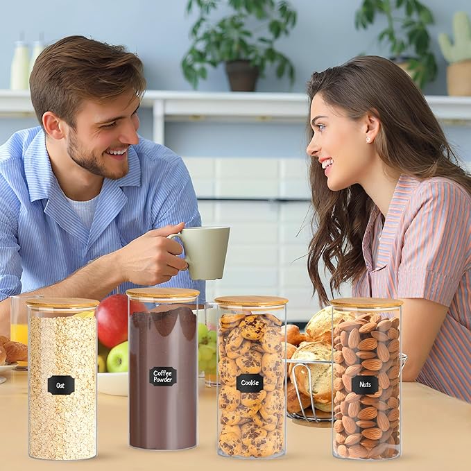 Glass Jars with Bamboo Lids, 58 oz 3 Pcs Kitchen Glass Containers with Bamboo Lids, Airtight Glass Pantry Storage Containers with Lids for Rice, Flour, Nuts, Cookie, Pasta, Oatmeal, Bean-HomvellaHome