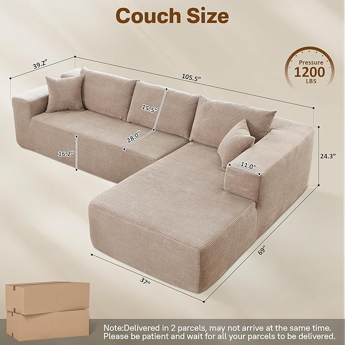 104" Cloud Sectional Couches for Living Room,L Shaped Boneless Couch in A Box,Sleeper Sofa with Comfy Chaise No Assembly Required,Camel-HomvellaHome