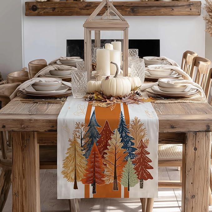 GEEORY Fall Watercolor Trees & Maple Leaves Striped Table Runner 13x60 Inch, Rustic Farmhouse Autumn Thanksgiving Decor for Kitchen, Dining, Indoor/Outdoor Holiday Dinner Party Orange GT157-60-HomvellaHome