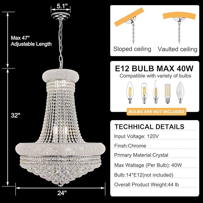 14 - Light Unique Empire Crystal Chandelier with Adjustable Chain for High Ceiling Foyer Entryway Living Room Dining Room Bedroom Chrome Finish-HomvellaHome