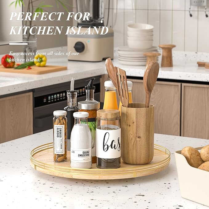 18 Inch Rustic Lazy Susan Turntable – Solid Oak & Iron Wood Rotating Tray for Dining Table, Kitchen Counter, Coffee Table – Farmhouse Style Large Wooden Lazy Susan Organizer for Home Décor-HomvellaHome