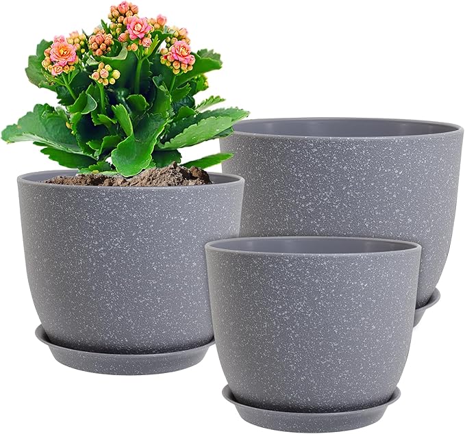 10/9/8 inch Plant Pots, Set of 3 Modern Decorative Plastic Planters with Drainage Holes and Saucers for Garden House Plants, Flower Pots for Indoor Outdoor Plants, Speckled Grey-HomvellaHome