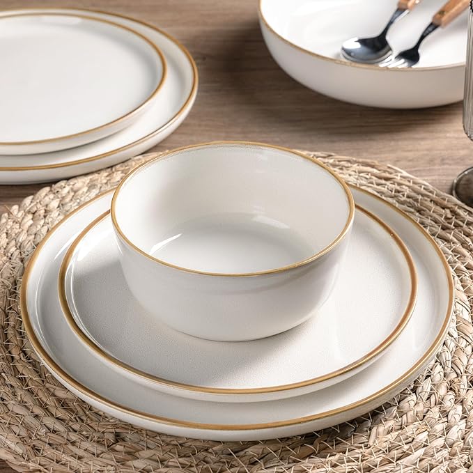 GBHOME Ceramic Dinnerware Sets for 4, 12 Pieces Stoneware Plates and Bowls Sets, Scratch Resistant Dishes, Dishwasher & Microwave Safe, Reactive Glaze-White-HomvellaHome