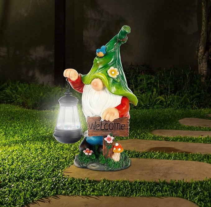 Garden Gnome Statue, Resin Figurine with Bright Solar Lantern Lights and Welcome Sign, Outdoor Solar-Powered Illumination Yard Art Decorations for Indoor Outdoor Patio Lawn Garden Room-HomvellaHome