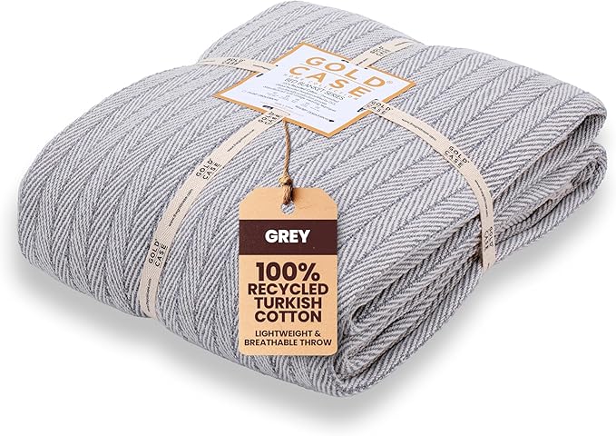 Gold Case Throw Blanket for Bed – 100% Recycled Turkish Cotton Bed Blanket – Decorative Throw Cotton Blankets for Living Room & Bedroom – Vintage Grey Woven Queen Blankets – 90x90-HomvellaHome