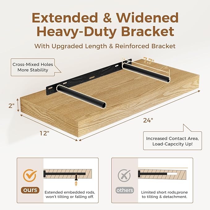 12 Inch Deep Floating Shelves, 24 x 12 Floating Shelf for Books, Rustic Wood Deep Wall Shelves for Home Storage & Display, 2" Thicked Shelves for Kitchen, Living Room, Bedroom, Oak Color, 1 Pack-HomvellaHome