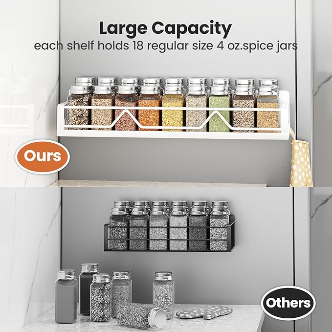 16.9 Inch Wide Large Capacity Magnetic Spice Rack for Refrigerator, 4 Pack Metal Fridge Shelf, White-HomvellaHome