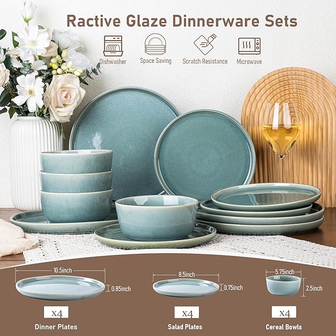 GBHOME Ceramic Dinnerware Sets for 4, 12 Pieces Stoneware Plates and Bowls Sets, Scratch Resistant Dishes, Dishwasher & Microwave Safe, Reactive Glaze-Malachite Green-HomvellaHome