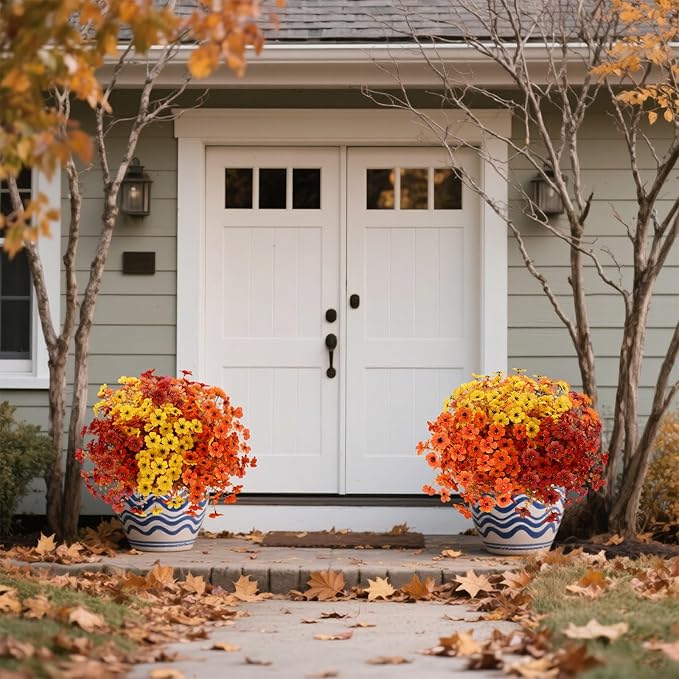 12 Bundles Artificial Fall Flowers Faux Mums for Outdoor Indoor, Artificial Plants Daisy Faux Plants Fake Mums for Fall Decor Pots Patio Garden Porch Autumn (Orange，Brown，Yellow) (12)-HomvellaHome