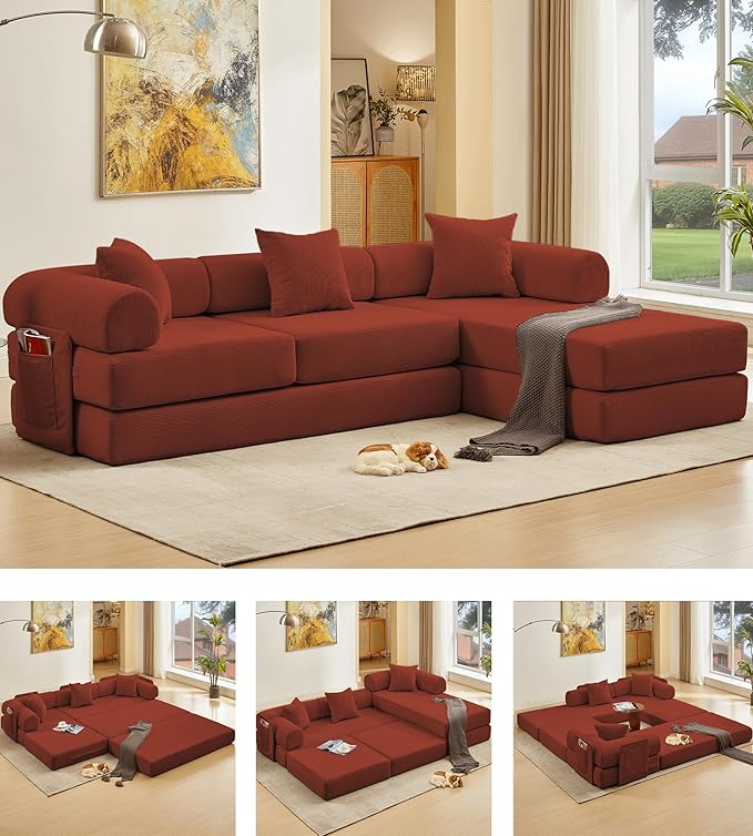107" Oversized Convertible Sleeper Sofa Bed, Corduroy L Shape Sectional Couch, Folding Sofa Bed with Side Pocket, Modern Cloud Floor Mattress Couch, Modular Sofa for Living Room, Red-HomvellaHome