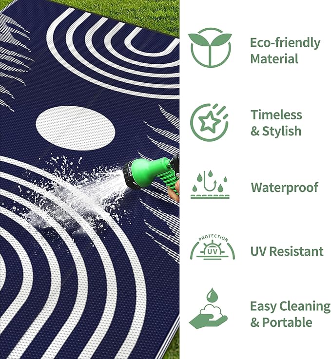 GENIMO Outdoor Rug 6' x 9' Waterproof for Patio Clearance, Reversible Lightweight Plastic Straw Camping Carpet, Large Area Rugs Mats for Rv, Backyard, Deck, Porch, Picnic, Balcony, Mix-Blue & White-HomvellaHome