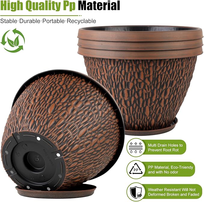 16 Inch Large Outdoor Plant Pot, 4 Pack Thickened Flower Pots with Drainage Holes & Saucer, Pebbles Pattern Design Tree Planters Outdoor for Garden Porch Home-HomvellaHome