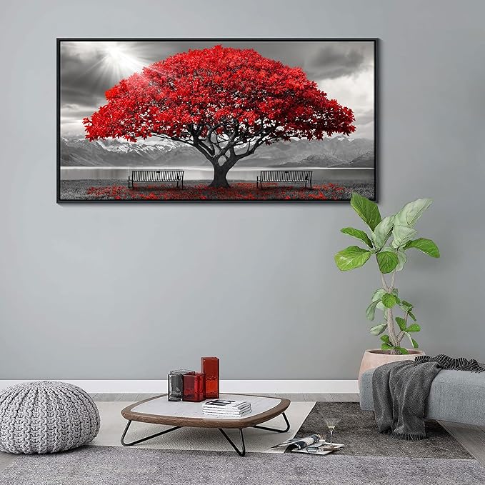 AJAZIKO Red Wall Art - Modern Framed Wall Art for Living Room - Red Tree Black and White Landscape Canvas Prints Posters & Prints for Home Office Bedroom Decorations - Large Wall Pictures 29×58IN-HomvellaHome