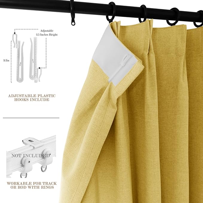 100% Blackout Linen Textured Drapes for Bedroom Pinch Pleated Curtains for Track System Portable Drapery for Sliding Glass Door/Storage/Space Room Divider, 70" Wx84 L, 1 PC, Yellow-HomvellaHome