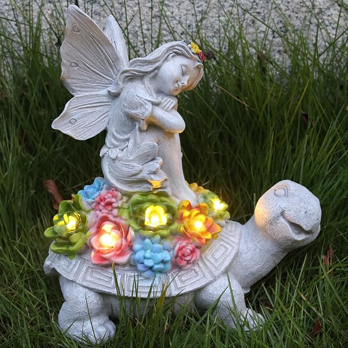 Garden Statues Outdoor Decorations Solar Turtle Angels Decor with Succulents LED Lights Garden Ornaments Figurines for Patio Yard Lawn Gifts for Women Grandma-HomvellaHome