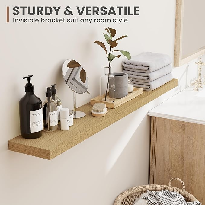 16 Inch Floating Shelves, 8 Inch Deep Floating Shelves for Wall, Hanging Shelf with Invisible Brackets, Deep Shelves for Bathroom, Bedroom, Living Room, Oak, Set of 2-HomvellaHome