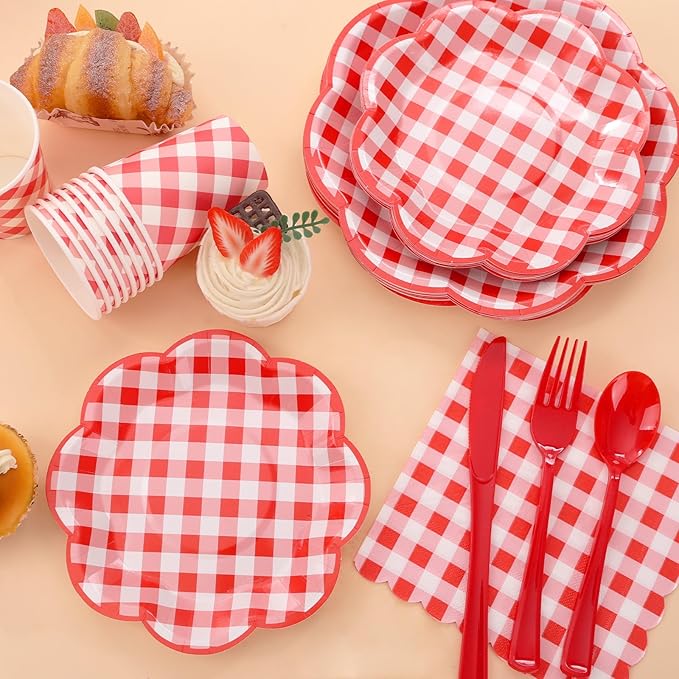 175 Pcs Red Gingham Plates and Napkins Party Supplies - Red and White Checkered Plates Sets Serve 25 Guests - Scalloped Gingham Paper Plate for Birthday Picnic BBQ Christmas Party Decorations-HomvellaHome