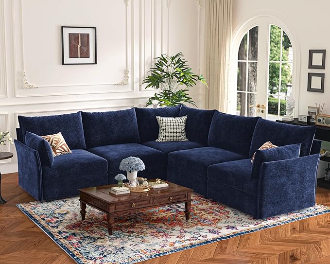 135.5" Oversized Modular Sectional Sofa, L Shaped Convertible Couch with Movable Ottoman, 5 Seat Corner Couches for Living Room Deep Seat Blue Chenille-HomvellaHome