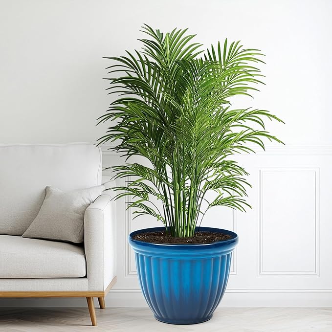 15" H Large Flower Pots, Set of 2 Plastic Planters for Outdoor Plants with Gradient Blue Finish and 3D Textures, Weather-Resistant for Porch, Garden, Patio or Indoor Use-HomvellaHome