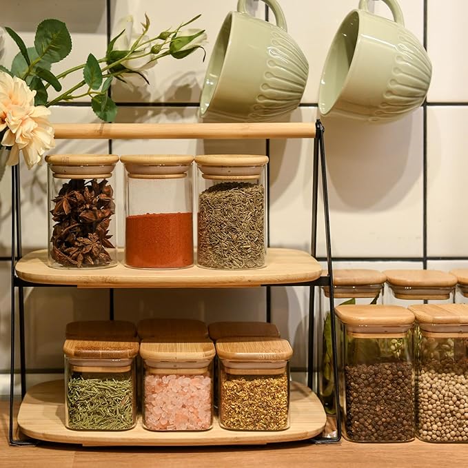 Glass Food Storage Jars Square 4oz, 12 Pack Glass Jars With Bamboo Lids, Kitchen Storage Containers For Spice, Candy, Cookie, Storage For Pantry Organizers-HomvellaHome