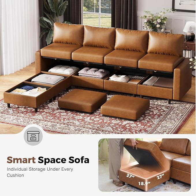 118.5" Faux Leather Modular Sectional Sofa, 7 Seater U Shaped Couch with Storage Seat with Reversible Chaise Deep Seat for Living Room Brown-HomvellaHome