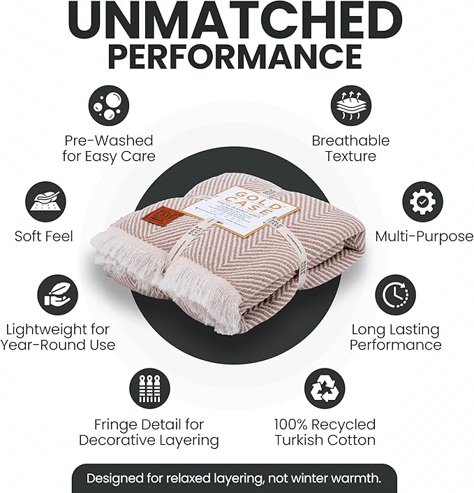 Gold Case Throw Blanket for Couch – 100% Recycled Turkish Cotton Blankets & Throws – Elegant Decorative Throw Blankets for Living Room Sofa – Woven Throws for Couch – Elegant Beige – 60x80-HomvellaHome