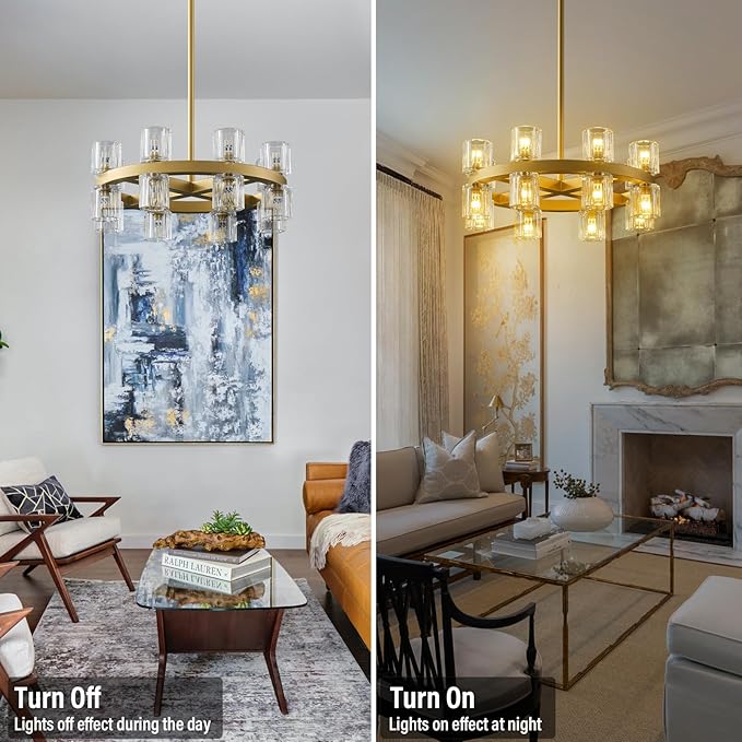 Gold Chandelier Light Fixture Kitchen and Dining, 16-Lights Modern Chandeliers for Dining Room, 18" Farmhouse Kitchen Pendant Lights Over Table, Crystal Wagon Wheel Chandelier(Bulbs Included)-HomvellaHome