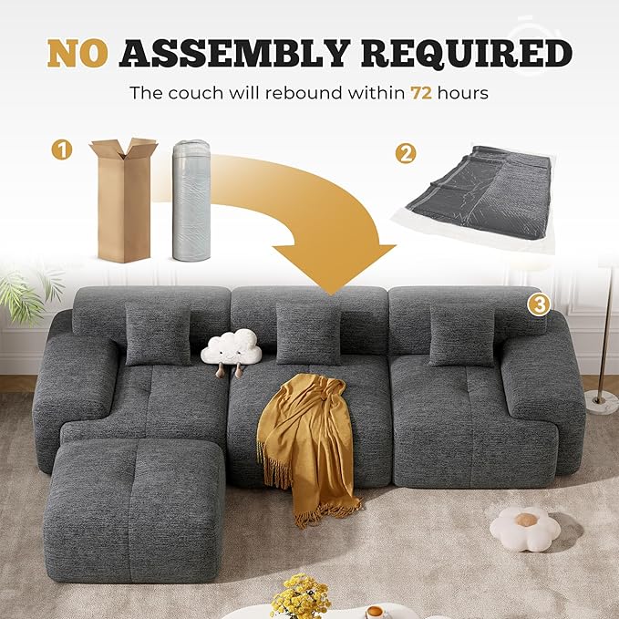 122" Modern L Shaped Modular Sectional Sofa, Boneless Couches for Living Room with Ottoman,4 Seater Convertible Chenille Cloud Couch Sofa Set, No Assembly Required, Grey-Black 1 PCS-HomvellaHome