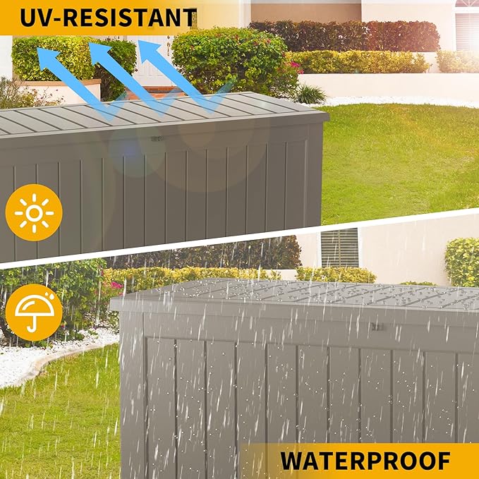 100 Gallon Resin Deck Box, Waterproof Outdoor Storage Bin for Patio Furniture, Pool Accessories, and Garden Tools, Lockable & UV-Resistant, Grey-HomvellaHome