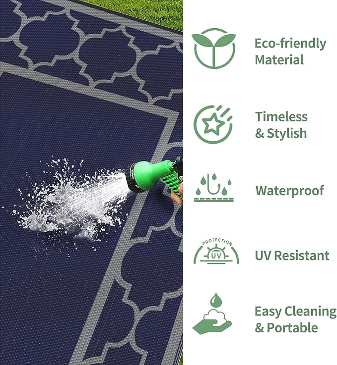 GENIMO 10 ' x 14 ' Outdoor Rug Waterproof for Patio Decor, Foldable Reversible Plastic Straw Area Rugs Mat for Camper, Outside Carpet for Rv, Deck, Porch, Picnic, Beach, Balcony, Blue & Grey-HomvellaHome