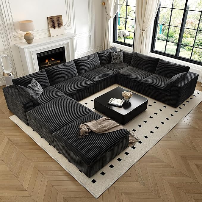 157.5" Cloud Couch Oversized Modular Sectional Sofa for Living Room,Modern Sofa with Deep Seat，8 Seater Boneless Couch with 2 Ottoman,Comfy Upholstered Couches for Apartment, Studio, Office,Black-HomvellaHome